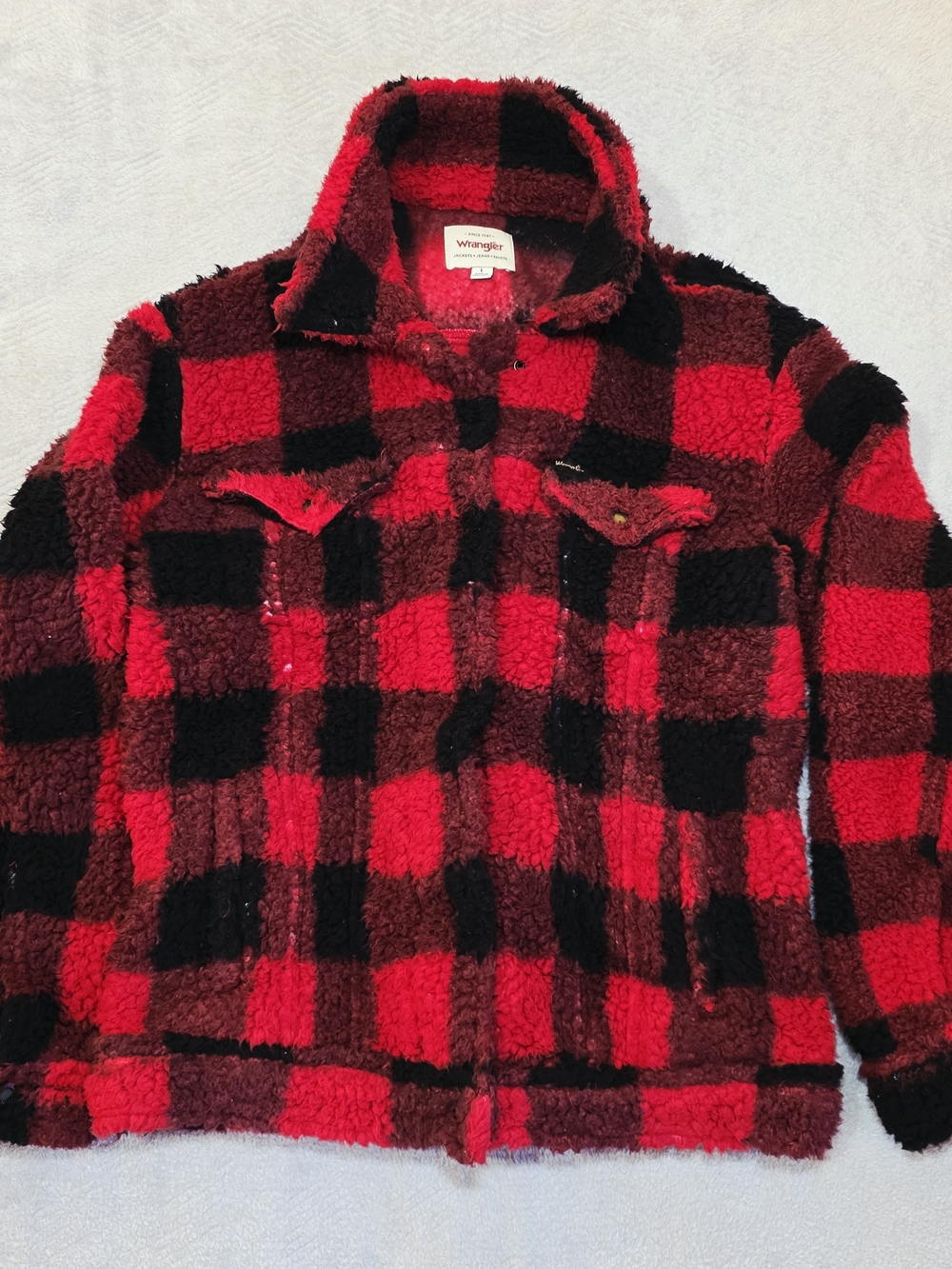 Women's Red Buffalo Plaid Sherpa Trucker Jacket - Fuzzy Teddy Fleece Snap Front